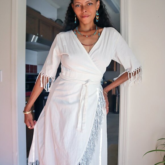 Organic White Boho Linen Wrap Dress w/ Fringe - Picture 1 of 5